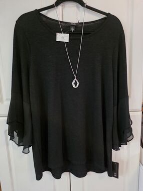 AGB Black Ruffle-Sleeve Women's Top Size Large- NWT- Includes Necklace